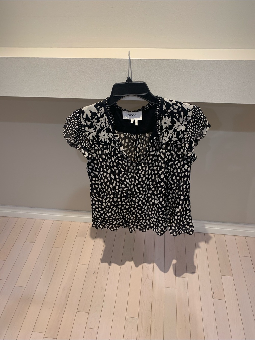 ba&sh Black and White Mixed Floral and Dot Ruffle Blouse